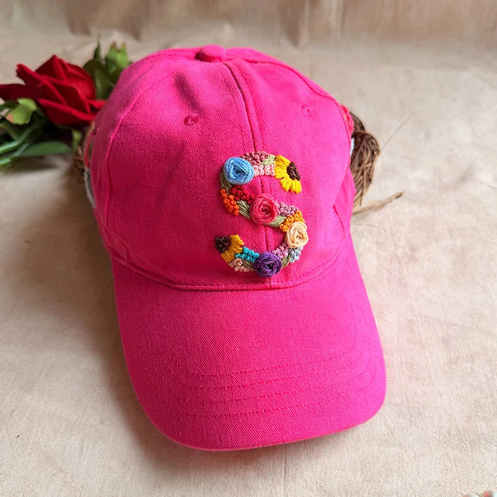 Rosy Initial Hand-Embroidered Summer Cap Dark Pink | Personalized Floral Initial Cap for Women