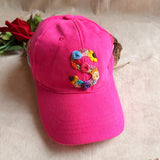Rosy Initial Hand-Embroidered Summer Cap Dark Pink | Personalized Floral Initial Cap for Women