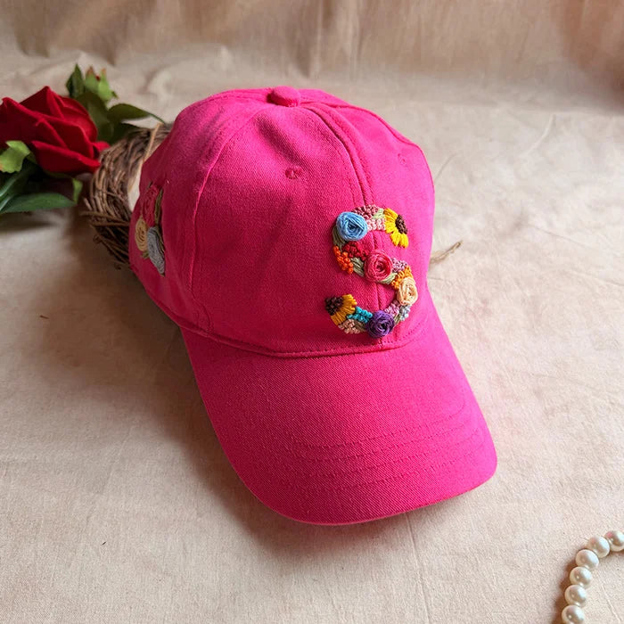 Rosy Initial Hand-Embroidered Summer Cap Dark Pink | Personalized Floral Initial Cap for Women