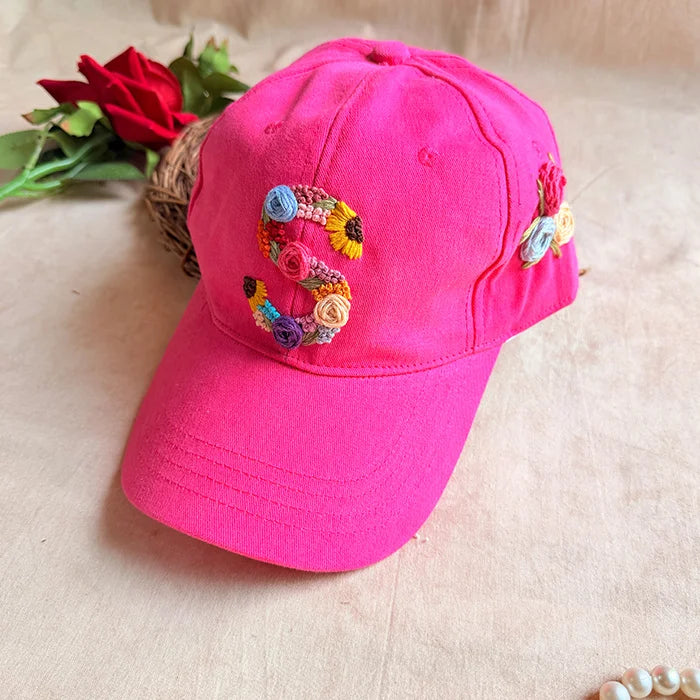 Rosy Initial Hand-Embroidered Summer Cap Dark Pink | Personalized Floral Initial Cap for Women