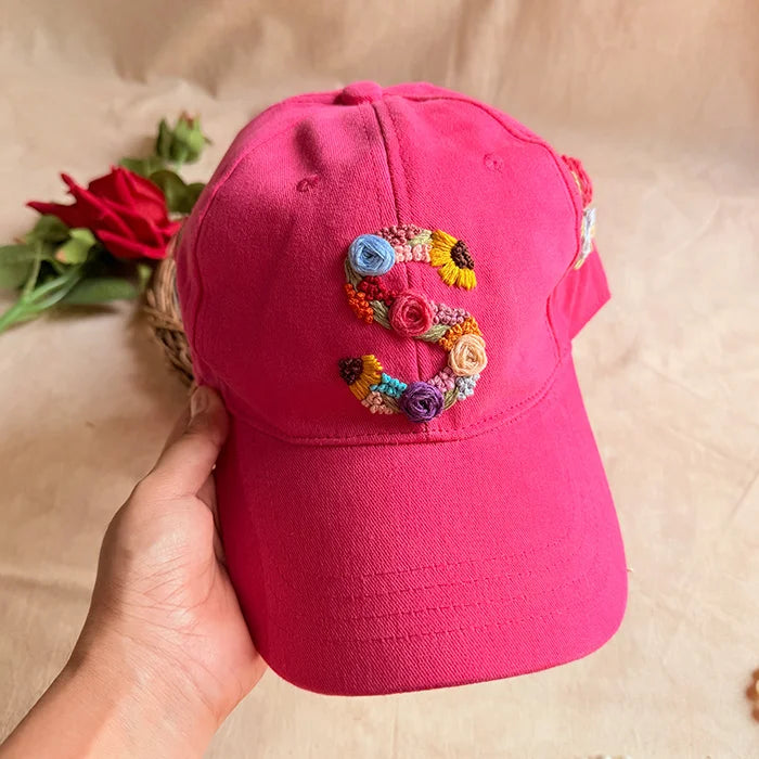 Rosy Initial Hand-Embroidered Summer Cap Dark Pink | Personalized Floral Initial Cap for Women