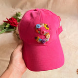 Rosy Initial Hand-Embroidered Summer Cap Dark Pink | Personalized Floral Initial Cap for Women