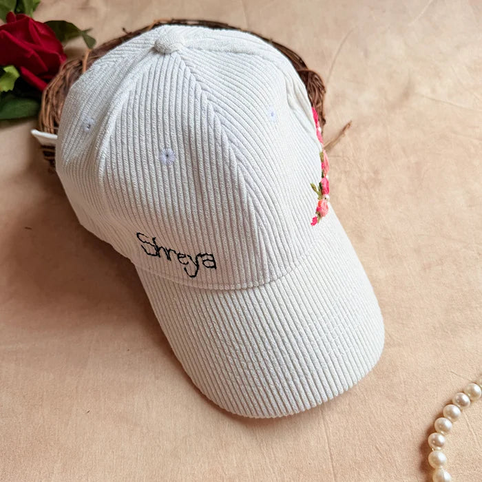 White Rose Crown Hand-Embroidered Corduroy Winter Cap | Handmade Floral Cap for Women