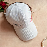 White Rose Crown Hand-Embroidered Corduroy Winter Cap | Handmade Floral Cap for Women