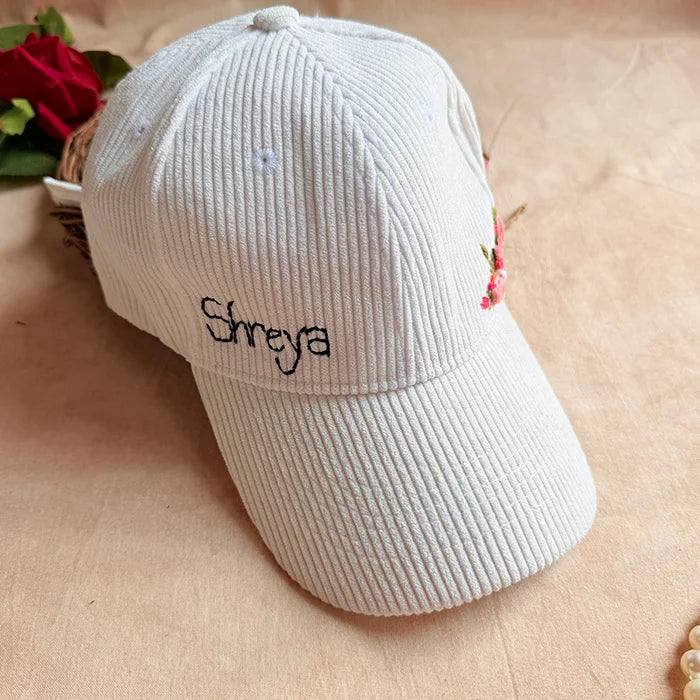 White Rose Crown Hand-Embroidered Corduroy Winter Cap | Handmade Floral Cap for Women