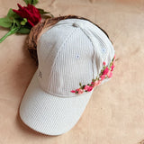 White Rose Crown Hand-Embroidered Corduroy Winter Cap | Handmade Floral Cap for Women