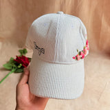 White Rose Crown Hand-Embroidered Corduroy Winter Cap | Handmade Floral Cap for Women