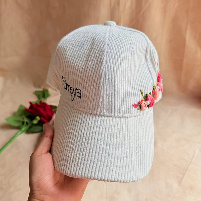 White Rose Crown Hand-Embroidered Corduroy Winter Cap | Handmade Floral Cap for Women
