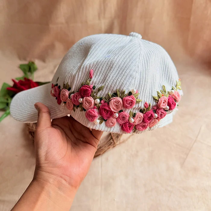 White Rose Crown Hand-Embroidered Corduroy Winter Cap | Handmade Floral Cap for Women