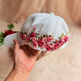 White Rose Crown Hand-Embroidered Corduroy Winter Cap | Handmade Floral Cap for Women