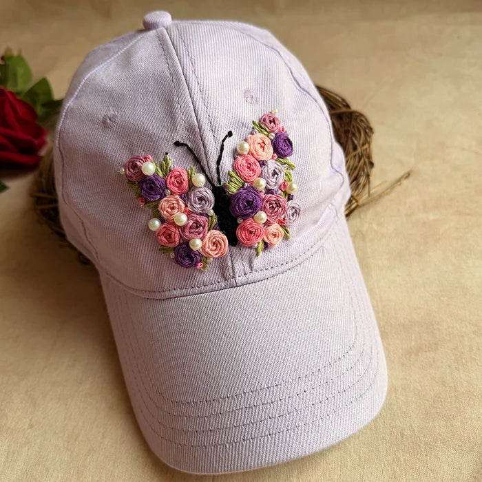 Butterfly Belle Hand-Embroidered Lilac Denim Summer Cap | Handmade Floral Butterfly Cap