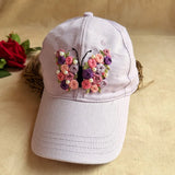 Butterfly Belle Hand-Embroidered Lilac Denim Summer Cap | Handmade Floral Butterfly Cap