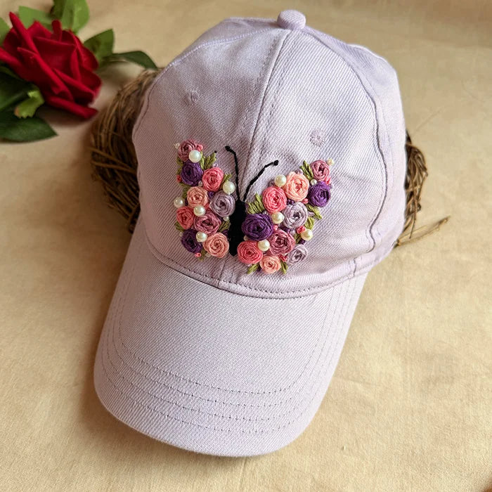 Butterfly Belle Hand-Embroidered Lilac Denim Summer Cap | Handmade Floral Butterfly Cap