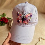 Butterfly Belle Hand-Embroidered Lilac Denim Summer Cap | Handmade Floral Butterfly Cap