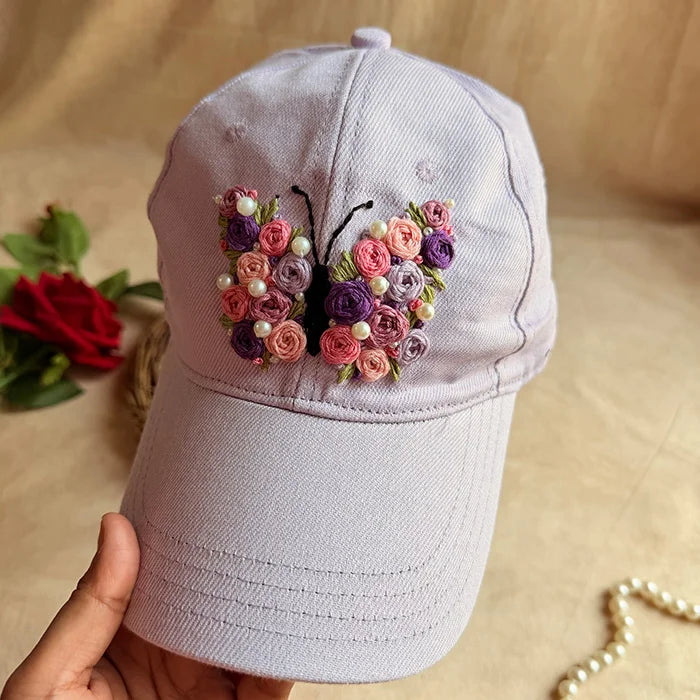 Butterfly Belle Hand-Embroidered Lilac Denim Summer Cap | Handmade Floral Butterfly Cap