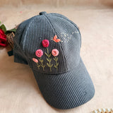 Cozy Meadow Hand-Embroidered Corduroy Cap | Handmade Floral Cap for Women