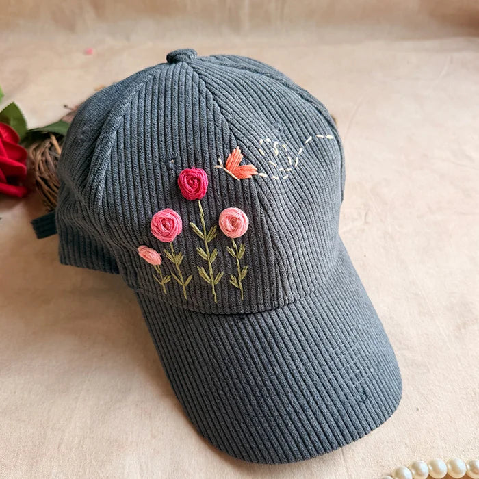 Cozy Meadow Hand-Embroidered Corduroy Cap | Handmade Floral Cap for Women