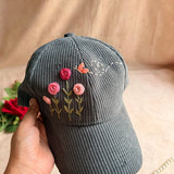 Cozy Meadow Hand-Embroidered Corduroy Cap | Handmade Floral Cap for Women