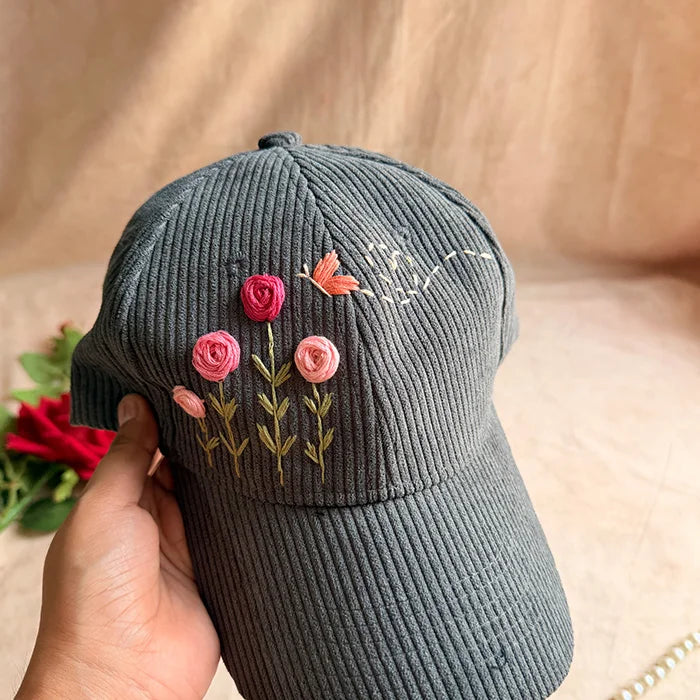 Cozy Meadow Hand-Embroidered Corduroy Cap | Handmade Floral Cap for Women