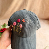 Cozy Meadow Hand-Embroidered Corduroy Cap | Handmade Floral Cap for Women