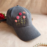 Cozy Meadow Hand-Embroidered Corduroy Cap | Handmade Floral Cap for Women