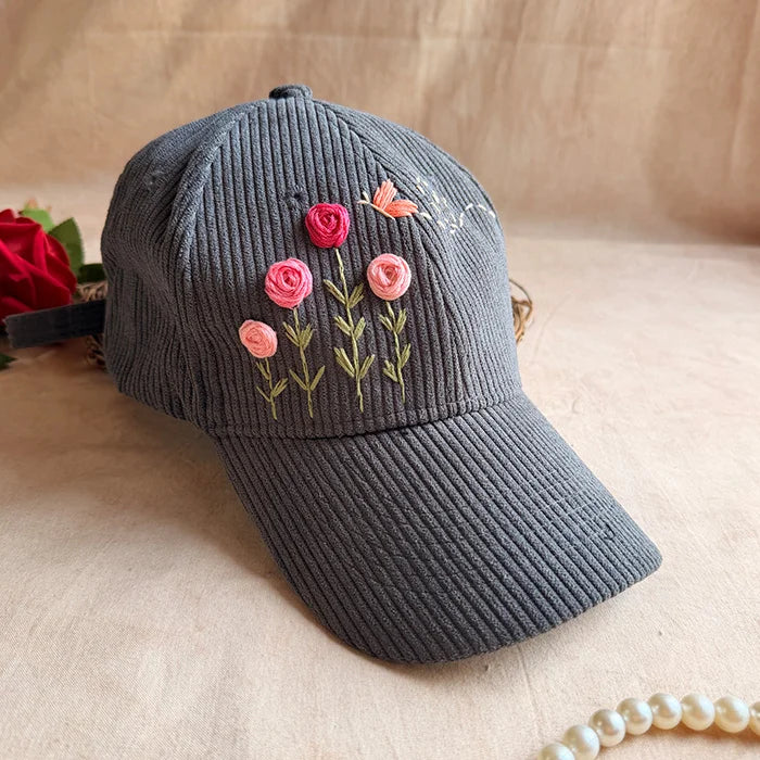 Cozy Meadow Hand-Embroidered Corduroy Cap | Handmade Floral Cap for Women