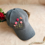 Cozy Meadow Hand-Embroidered Corduroy Cap | Handmade Floral Cap for Women