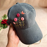 Cozy Meadow Hand-Embroidered Corduroy Cap | Handmade Floral Cap for Women