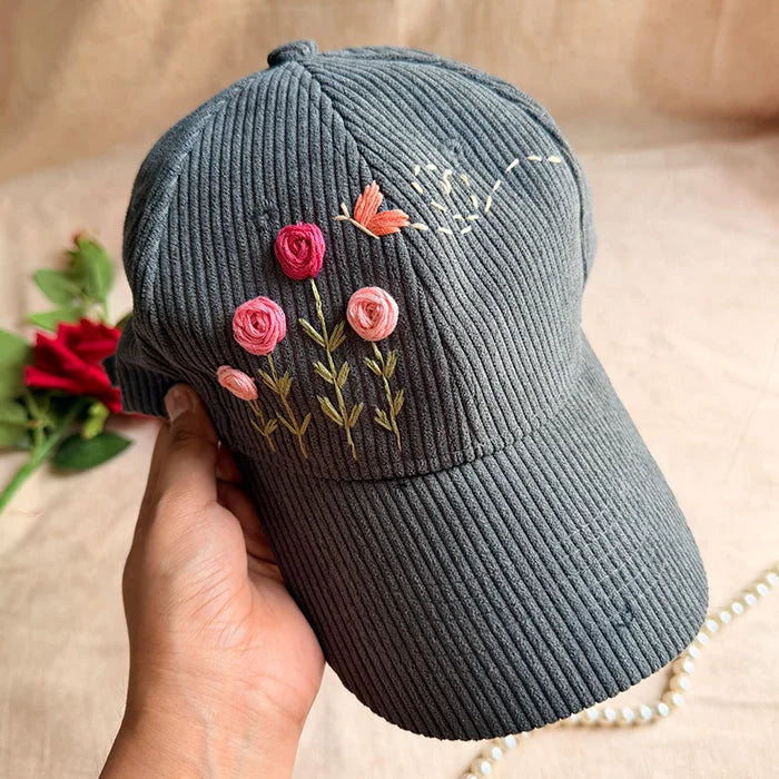 Cozy Meadow Hand-Embroidered Corduroy Cap | Handmade Floral Cap for Women