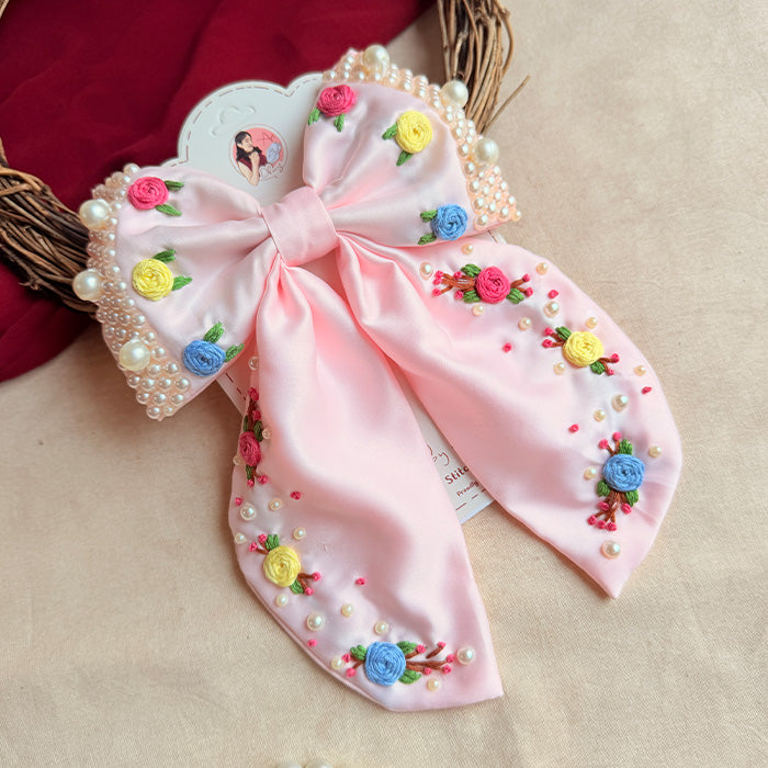 Kesari Hand Embroidered Floral Bow Hair Clip – Blush Pink Handmade Statement Hair Accessory