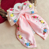 Kesari Hand Embroidered Floral Bow Hair Clip – Blush Pink Handmade Statement Hair Accessory
