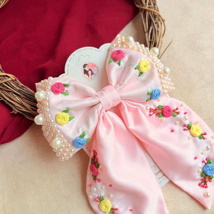 Kesari Hand Embroidered Floral Bow Hair Clip – Blush Pink Handmade Statement Hair Accessory