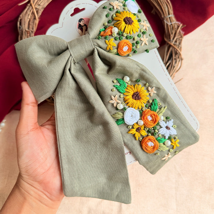 Be Loved Hand Embroidered Floral Bow Hair Clip – Sage Green Handmade Statement Hair Accessory