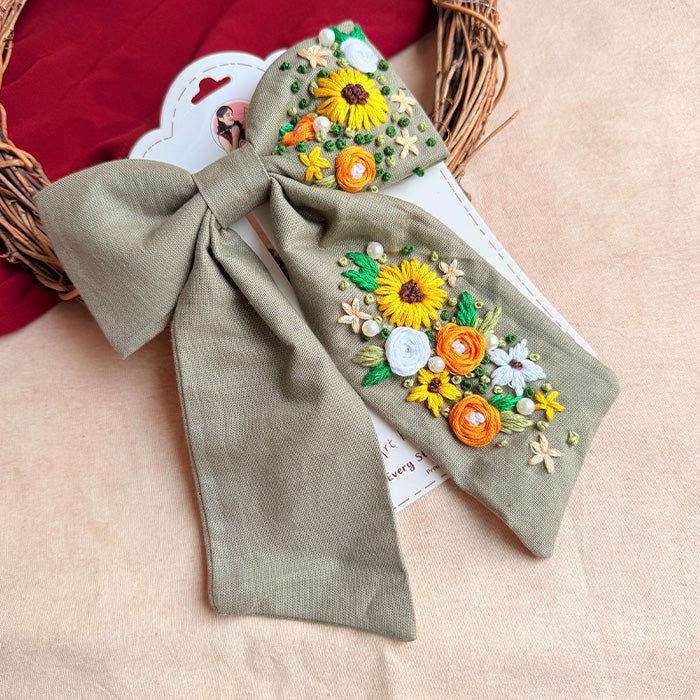 Be Loved Hand Embroidered Floral Bow Hair Clip – Sage Green Handmade Statement Hair Accessory