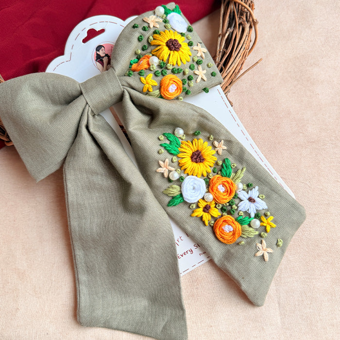 Be Loved Hand Embroidered Floral Bow Hair Clip – Sage Green Handmade Statement Hair Accessory