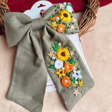 Be Loved Hand Embroidered Floral Bow Hair Clip – Sage Green Handmade Statement Hair Accessory