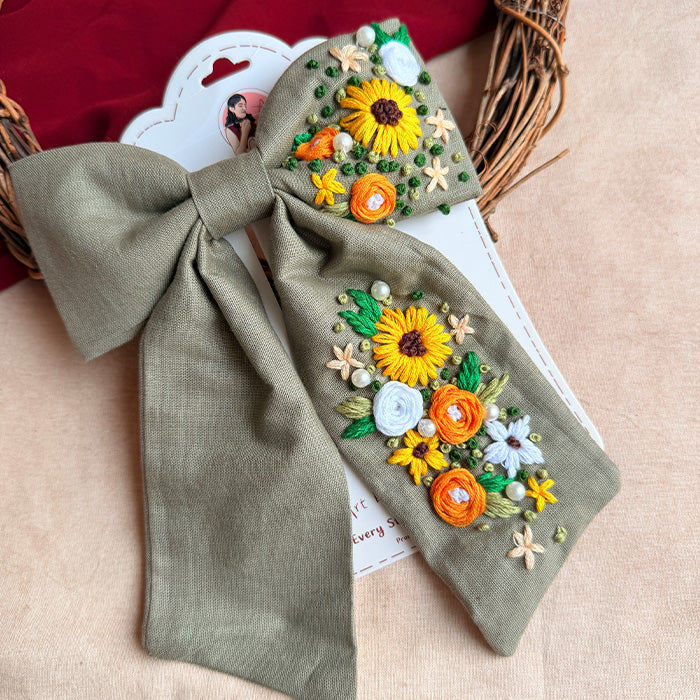 Be Loved Hand Embroidered Floral Bow Hair Clip – Sage Green Handmade Statement Hair Accessory