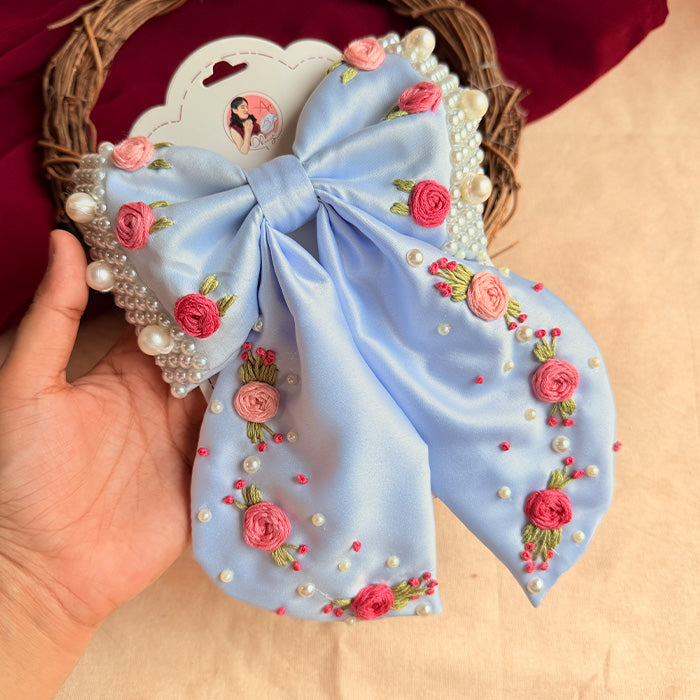 Lavi Hand Embroidered Floral Bow Hair Clip – Powder Blue Handmade Statement Hair Accessory