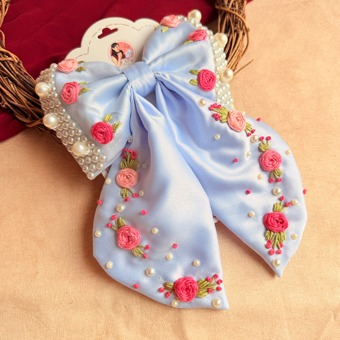 Lavi Hand Embroidered Floral Bow Hair Clip – Powder Blue Handmade Statement Hair Accessory