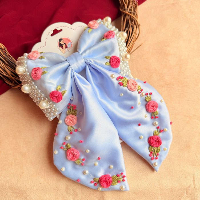 Lavi Hand Embroidered Floral Bow Hair Clip – Powder Blue Handmade Statement Hair Accessory