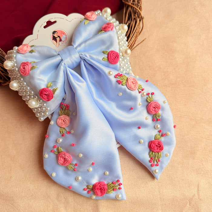 Lavi Hand Embroidered Floral Bow Hair Clip – Powder Blue Handmade Statement Hair Accessory
