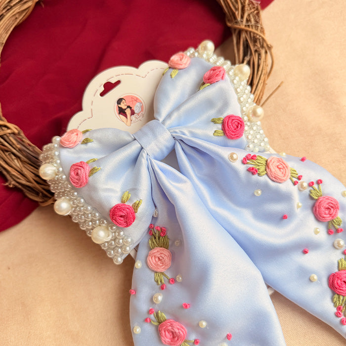 Lavi Hand Embroidered Floral Bow Hair Clip – Powder Blue Handmade Statement Hair Accessory