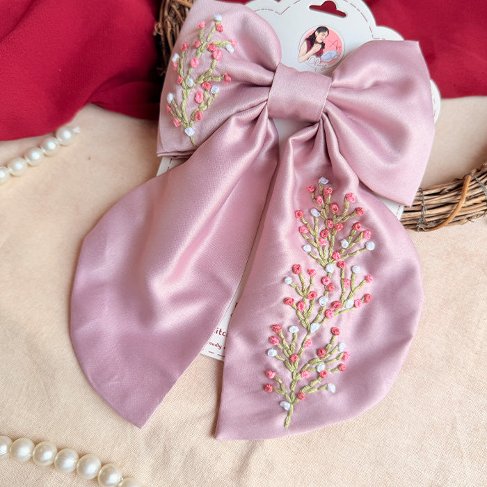 Kashik Hand Embroidered Blossom Bow Hair Clip – Dusty Mauve Handmade Statement Hair Accessory