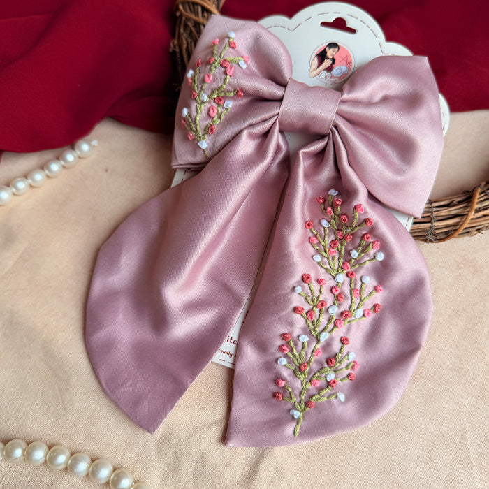 Kashik Hand Embroidered Blossom Bow Hair Clip – Dusty Mauve Handmade Statement Hair Accessory