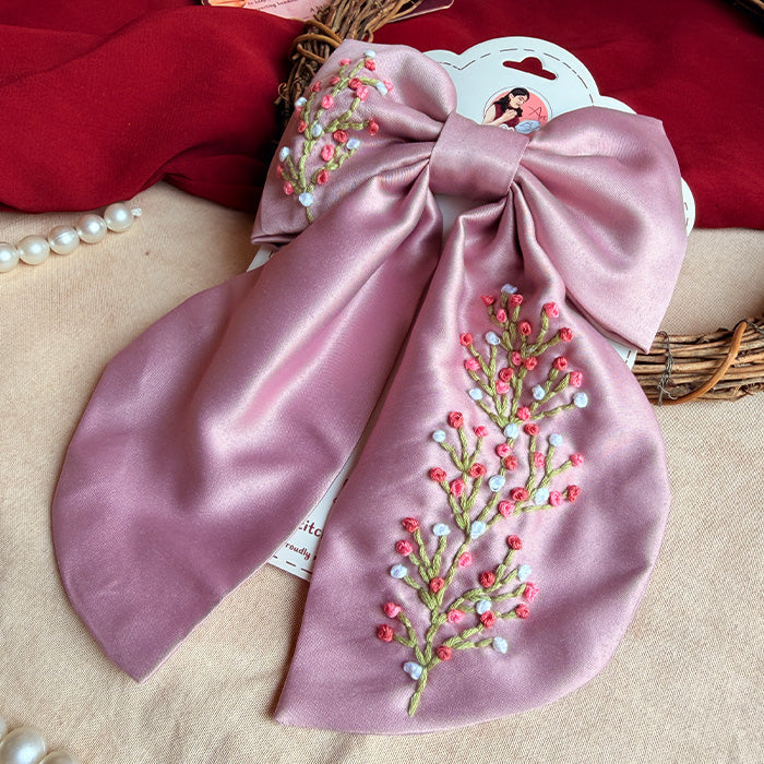 Kashik Hand Embroidered Blossom Bow Hair Clip – Dusty Mauve Handmade Statement Hair Accessory