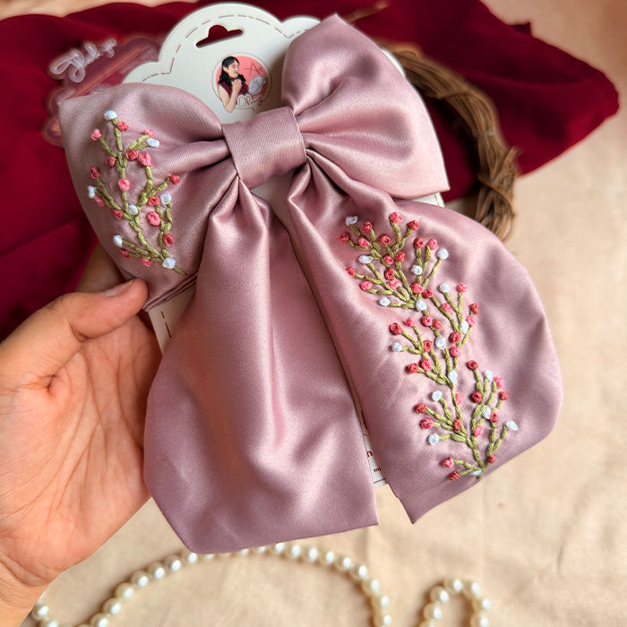 Kashik Hand Embroidered Blossom Bow Hair Clip – Dusty Mauve Handmade Statement Hair Accessory
