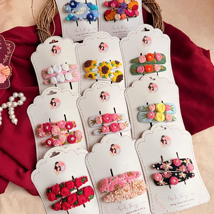 Maharani Tic Tac Collection | Handmade Hand-Embroidered Floral Hair Clip Set