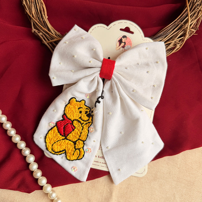 Mini Bear Balloon Hand Embroidered Bow Hair Clip – White Handmade Statement Hair Accessory