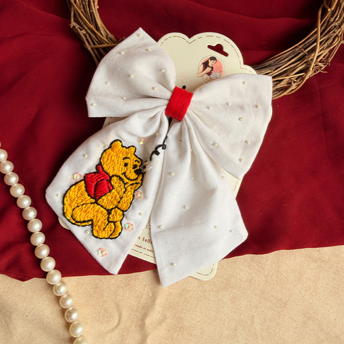 Mini Bear Balloon Hand Embroidered Bow Hair Clip – White Handmade Statement Hair Accessory
