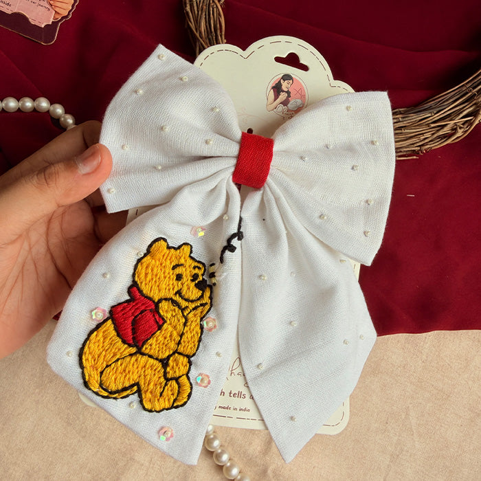 Mini Bear Balloon Hand Embroidered Bow Hair Clip – White Handmade Statement Hair Accessory